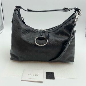 Auth GUCCI GG Monogram Guccissima Horsebit 2-way Shoulder Bag Black Leather